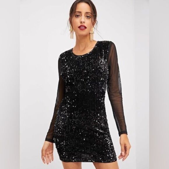 Sequin and mesh long sleeve mini dress with shoulder pads - Picture 1 of 7